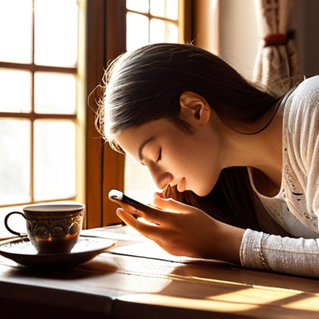 A serene young woman, eyes closed in calm reflection, gently placing a smartphone face down on a wooden table. Sunlight streams through a window, illuminating a cozy, minimalist room. In the background, there's a subtle hint of traditional Turkish patterns on a textile or a simple, elegant Turkish tea glass, emphasizing mental clarity and a peaceful escape from digital noise. The atmosphere is quiet, inviting deep thought and serenity, capturing the essence of a digital detox.