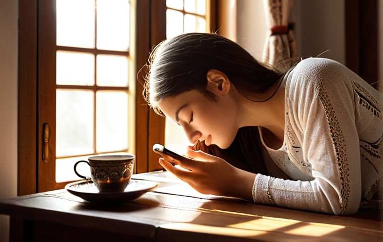 A serene young woman, eyes closed in calm reflection, gently placing a smartphone face down on a wooden table. Sunlight streams through a window, illuminating a cozy, minimalist room. In the background, there's a subtle hint of traditional Turkish patterns on a textile or a simple, elegant Turkish tea glass, emphasizing mental clarity and a peaceful escape from digital noise. The atmosphere is quiet, inviting deep thought and serenity, capturing the essence of a digital detox.