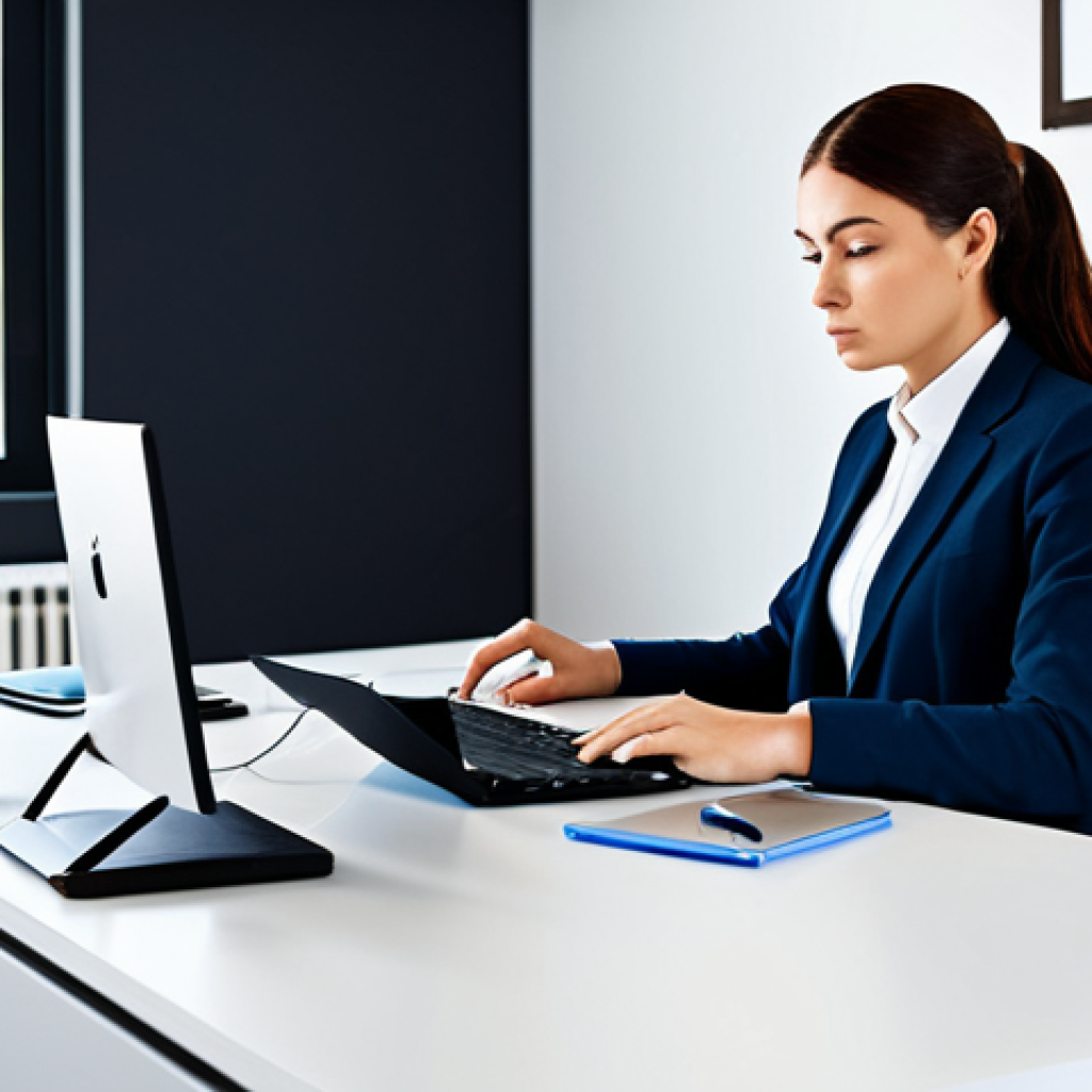 A focused professional individual, fully clothed in a modest business suit, seated at a meticulously organized desk in a sleek, modern office. The desk is clean, with only essential items like a laptop screen visible, emphasizing a distraction-free environment. The individual is intently working, demonstrating deep concentration. The background is clean and uncluttered, suggesting a calm, efficient workspace. perfect anatomy, correct proportions, natural pose, well-formed hands, proper finger count, natural body proportions, professional photography, high quality, safe for work, appropriate content, family-friendly, professional dress.