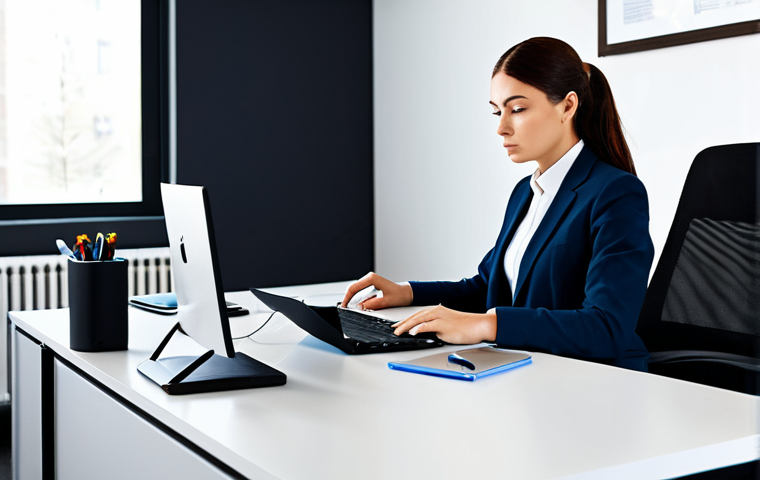 A focused professional individual, fully clothed in a modest business suit, seated at a meticulously organized desk in a sleek, modern office. The desk is clean, with only essential items like a laptop screen visible, emphasizing a distraction-free environment. The individual is intently working, demonstrating deep concentration. The background is clean and uncluttered, suggesting a calm, efficient workspace. perfect anatomy, correct proportions, natural pose, well-formed hands, proper finger count, natural body proportions, professional photography, high quality, safe for work, appropriate content, family-friendly, professional dress.