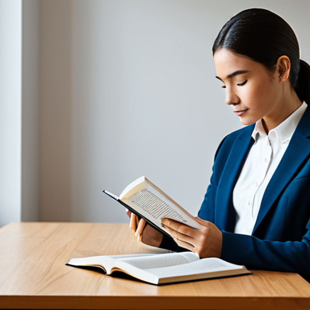 A professional individual, fully clothed in a modest business casual attire, sitting calmly at a minimalist wooden desk, engrossed in reading a physical book. The background is a clean, modern study room with soft, diffused natural light coming from a large window. There are no distracting electronic devices visible on the desk, emphasizing a digital detox. A potted plant adds a touch of nature. Professional photography, clean aesthetic, serene atmosphere. perfect anatomy, correct proportions, natural pose, well-formed hands, proper finger count, natural body proportions, safe for work, appropriate content, fully clothed, professional, high quality, studio lighting.