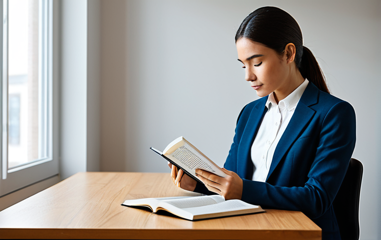 A professional individual, fully clothed in a modest business casual attire, sitting calmly at a minimalist wooden desk, engrossed in reading a physical book. The background is a clean, modern study room with soft, diffused natural light coming from a large window. There are no distracting electronic devices visible on the desk, emphasizing a digital detox. A potted plant adds a touch of nature. Professional photography, clean aesthetic, serene atmosphere. perfect anatomy, correct proportions, natural pose, well-formed hands, proper finger count, natural body proportions, safe for work, appropriate content, fully clothed, professional, high quality, studio lighting.