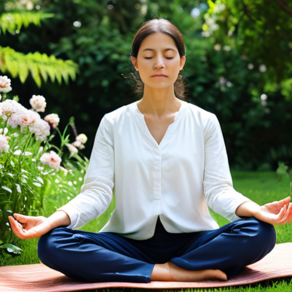 **

A serene individual, fully clothed in comfortable, modest attire, practicing mindfulness meditation in a sunlit garden. The background includes lush greenery and blooming flowers. Focus on peaceful expression and relaxed posture. The scene should evoke a sense of calm and mental clarity. Safe for work, appropriate content, professional, family-friendly, perfect anatomy, natural proportions, well-formed hands, proper finger count.

**