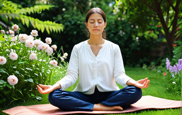 **
A serene individual, fully clothed in comfortable, modest attire, practicing mindfulness meditation in a sunlit garden. The background includes lush greenery and blooming flowers. Focus on peaceful expression and relaxed posture. The scene should evoke a sense of calm and mental clarity. Safe for work, appropriate content, professional, family-friendly, perfect anatomy, natural proportions, well-formed hands, proper finger count.
**