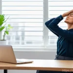 Home 18 집중력을 높이는 간단한 스트레칭 - **Prompt:** A person is seated at a modern, clean desk, performing a gentle upper body stretch. Thei...