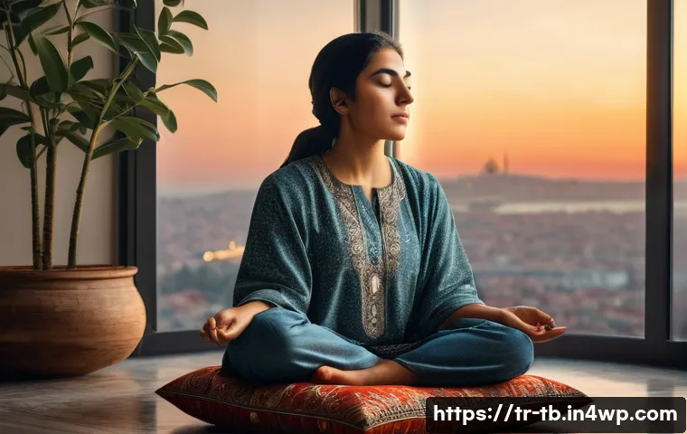 집중력을 높이는 뇌 운동법 - A serene indoor scene of a young Turkish woman practicing mindfulness meditation in a quiet, softly ...