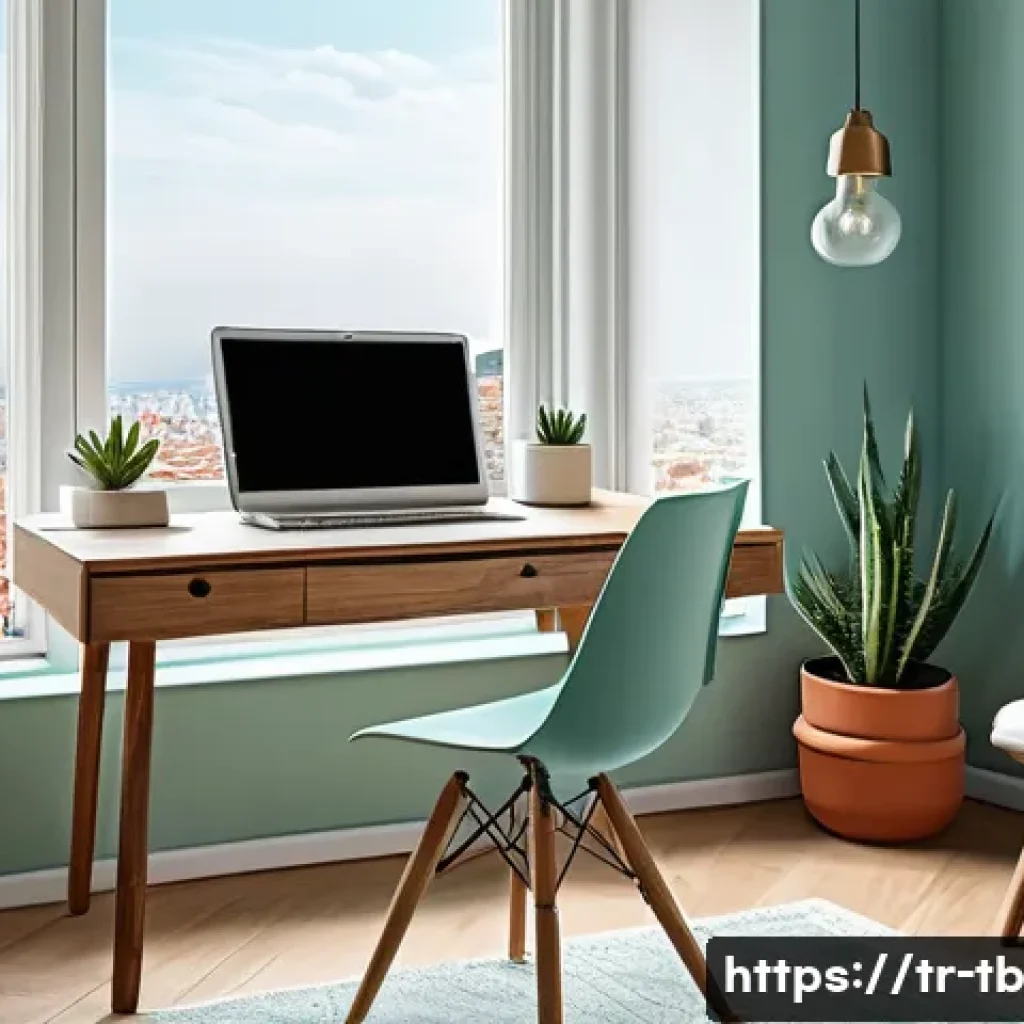집중력 향상에 필수적인 환경 조성하기 - A modern Turkish home office bathed in natural daylight from a large window, featuring a minimalist ...