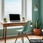 Home 14 집중력 향상에 필수적인 환경 조성하기 - A modern Turkish home office bathed in natural daylight from a large window, featuring a minimalist ...