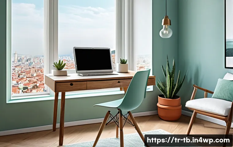 집중력 향상에 필수적인 환경 조성하기 - A modern Turkish home office bathed in natural daylight from a large window, featuring a minimalist ...