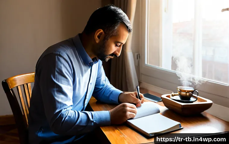 Home 17 집중력 향상을 위한 일기 쓰기 - Photorealistic morning scene in a quiet Istanbul apartment, a focused Turkish adult writing in an op...